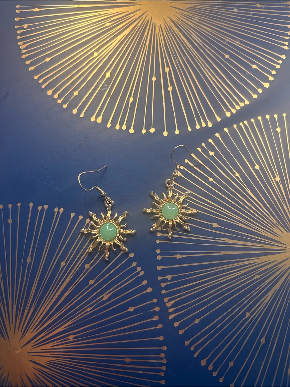 Gold Sunburst Drop Earrings with Aqua Center